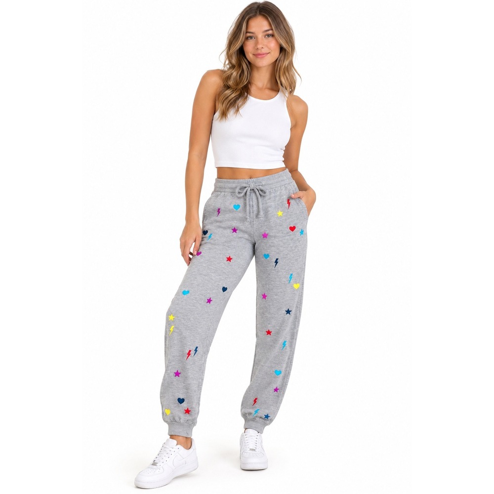Chaser Womens XL Embroidered Star Heart Lightning Bolt Jogger Pants Grey NWT